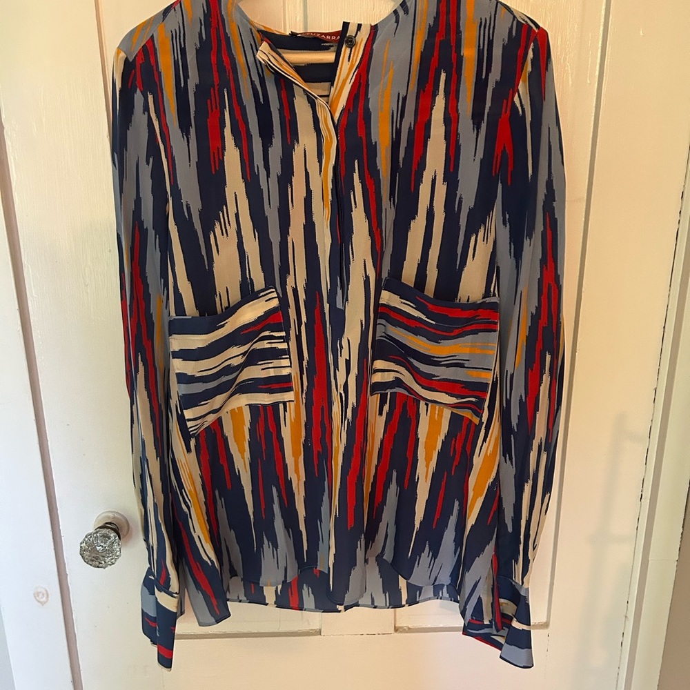 Altuzarra Graphic Red and Blue Long Sleeve 100% Silk Blouse.